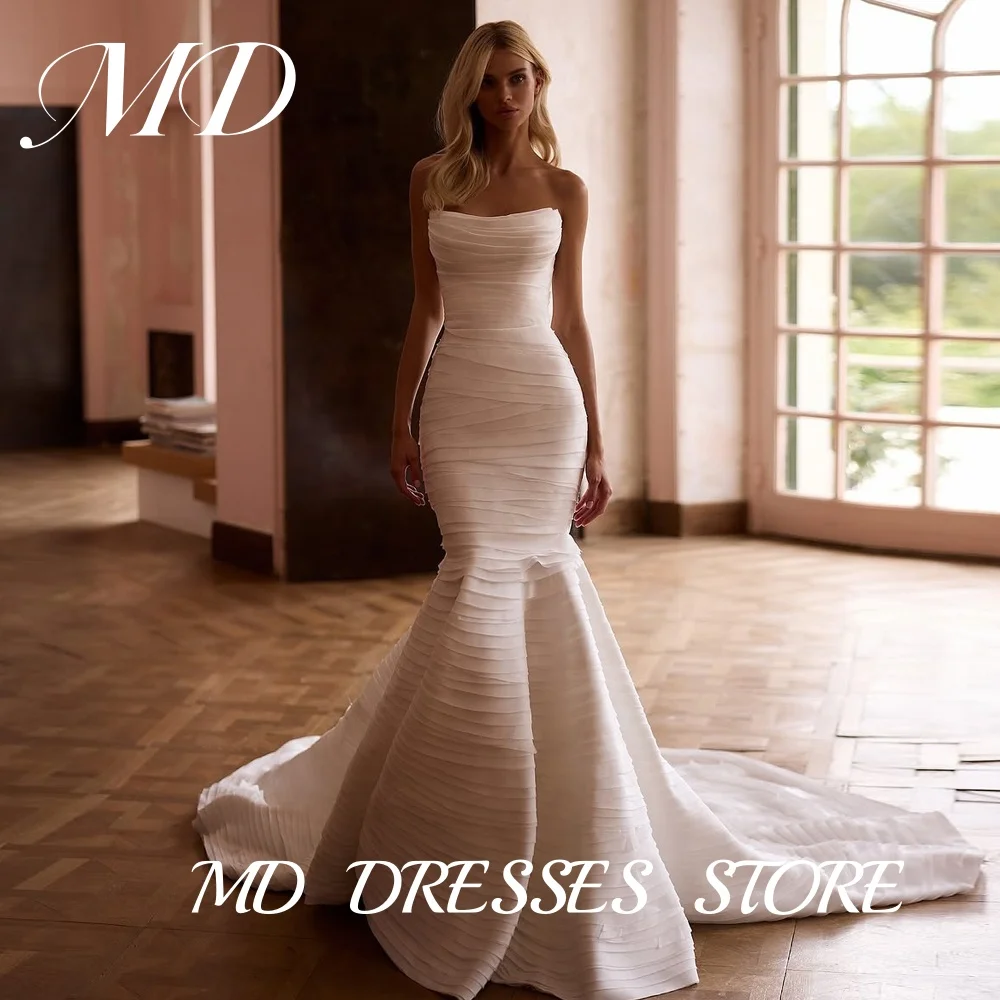 

MD Elegant Mermaid Strapless Wedding Dresses Illusion Sleeveless Princess Bridal Gown Sweep Train Vestido De Noiva Customized