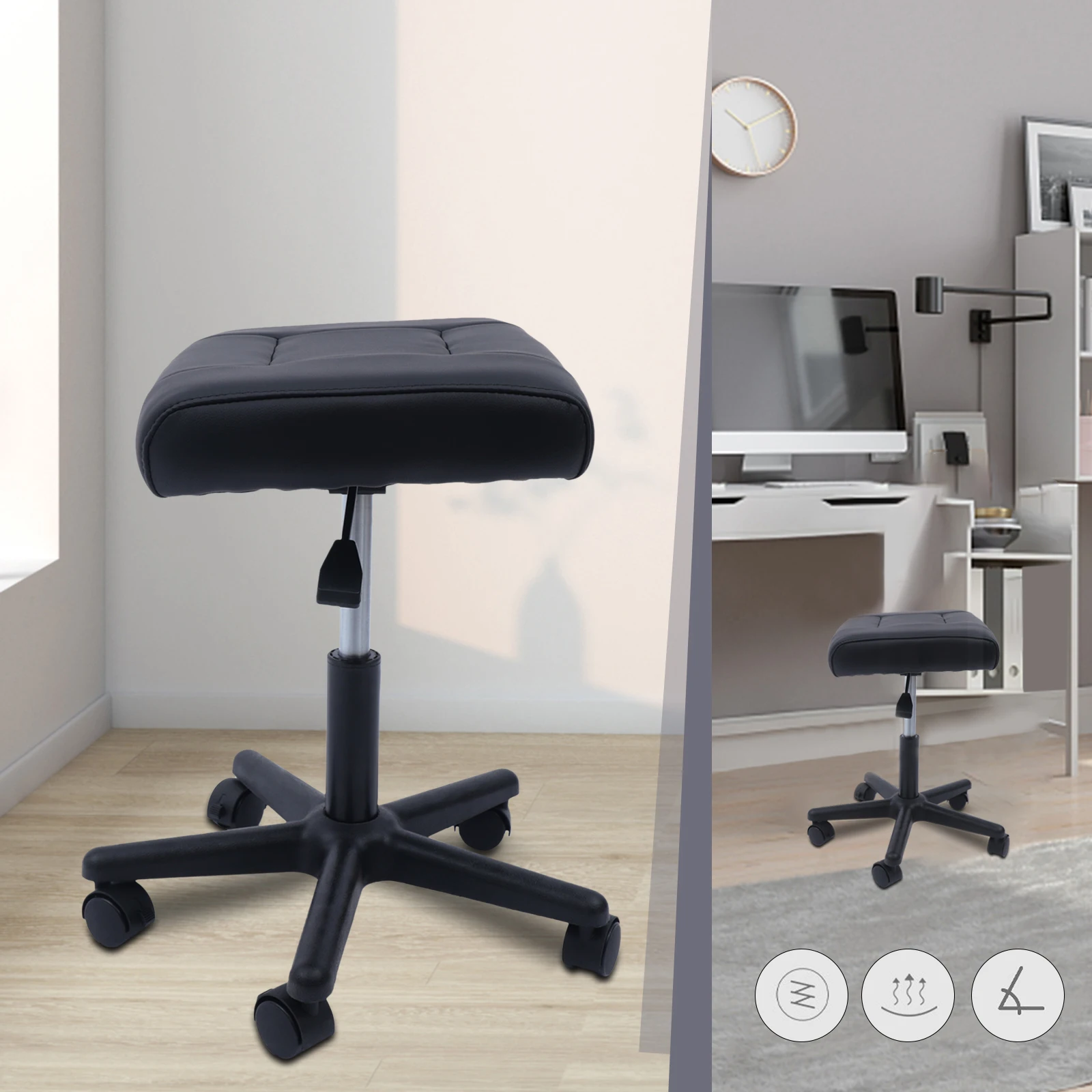 Rolling Square Stool with 5 Swivel Casters 360° Rotation Height Adjustable Black Stool for Bar Salon Office