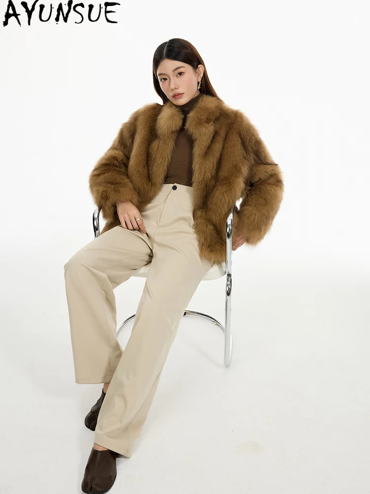 AYUNSUE 天然フォックスファーコート レディース 暖かいリアルファーコート 冬用ジャケット 2025 高級婦人服 新作アウターウェア Шуба Женская