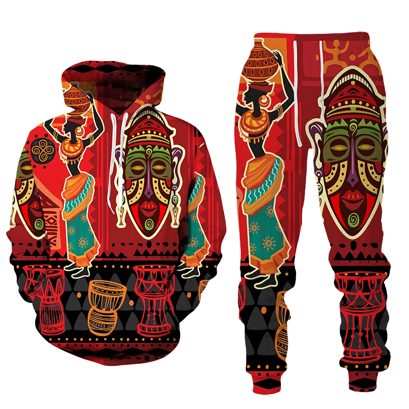 

2024 New 3D African Print casual men's pantsuit Couple Pantsuit Vintage hip hop hoodie + Pants men/women tracksuit