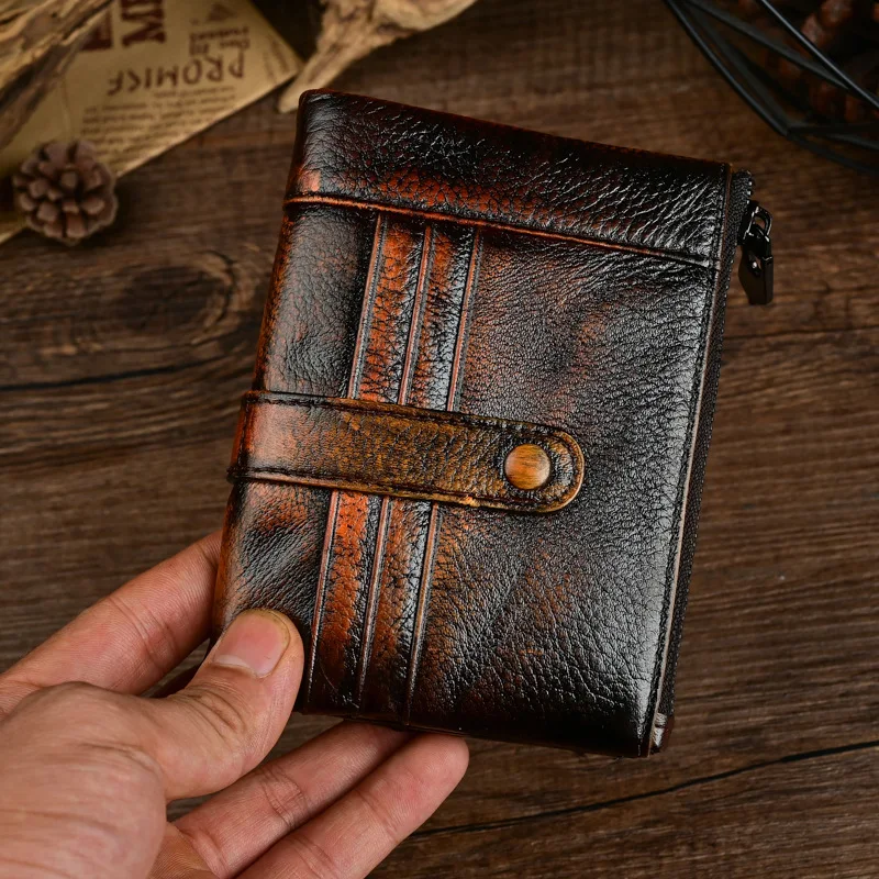 Genuine Leather Men's Short Wallet Retro Card Holder Casual Purse Zipper Coin Pouch Handbag