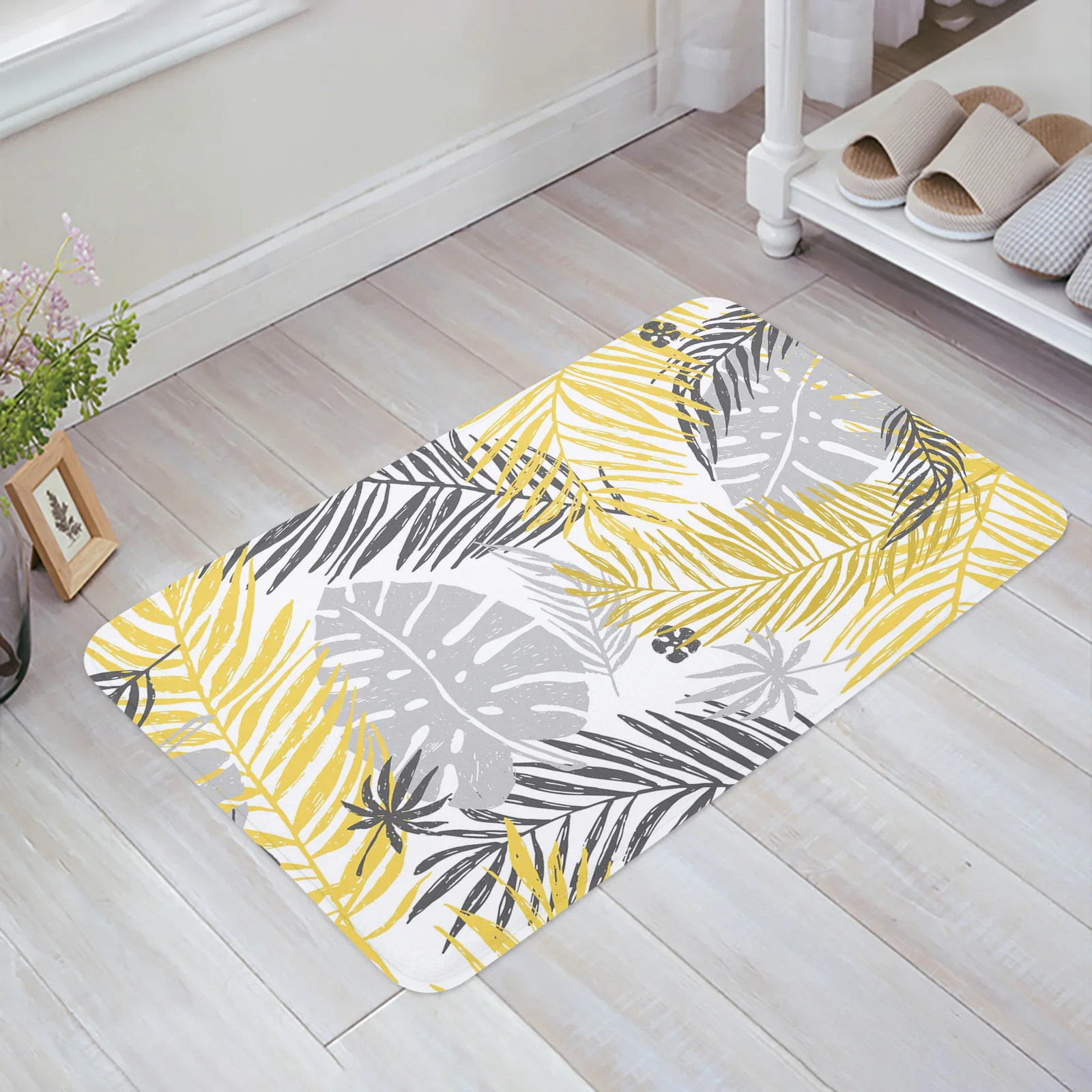 Palm Leaves Yellow Gray White Floor Mat Entrance Door Mat Living Room Kitchen Rug Non-Slip Carpet Bathroom Doormat Home Decor