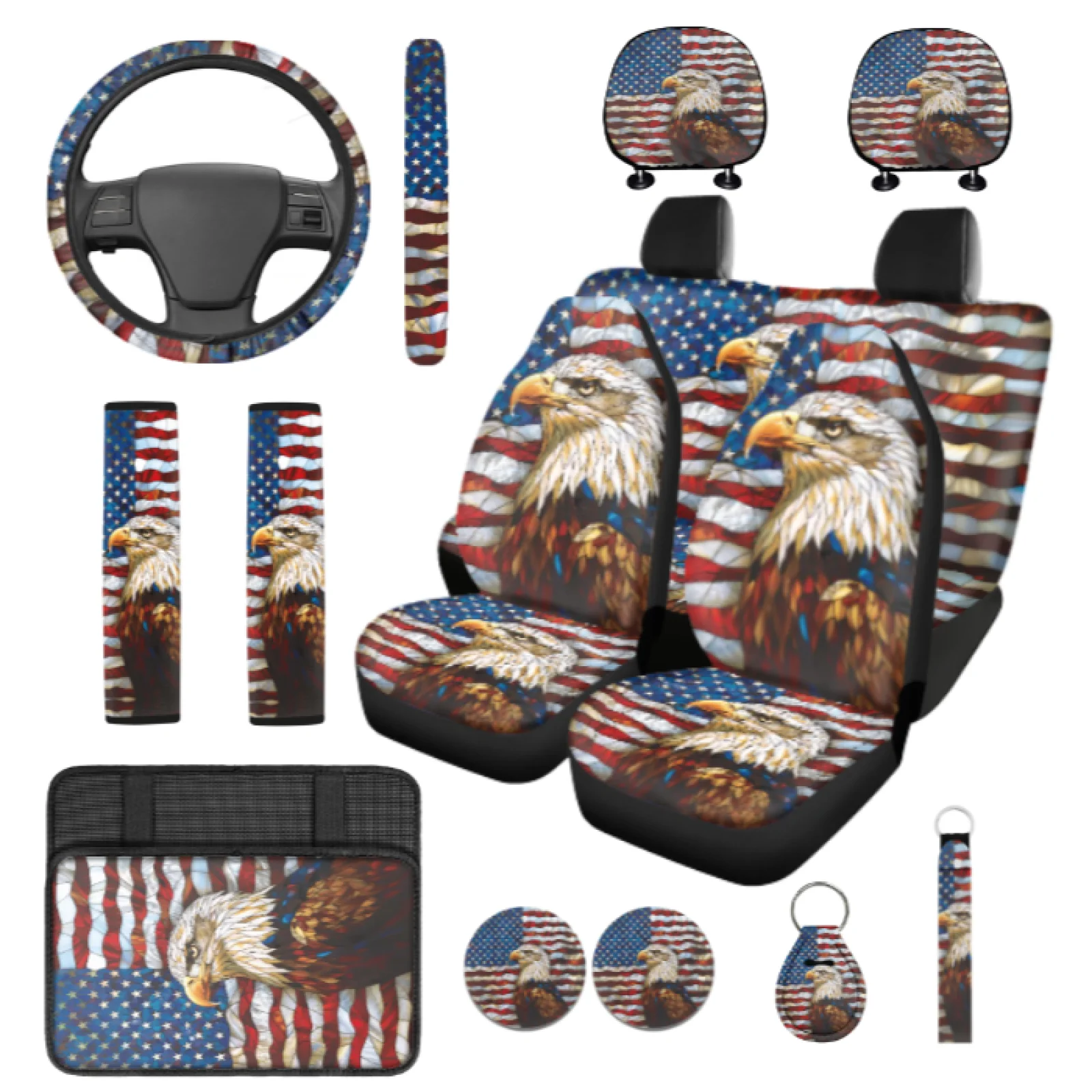 Coloranimal Eagle USA Flag 14 Pcs Automobile Seat Cover Sets with Washable Steering Wheel Cover and Auto Center Console Pad