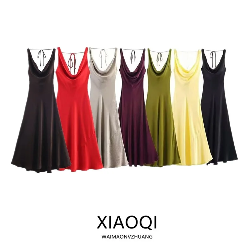 Vestido Longo de Seda Satinada para Mulheres Verão 2025, Versátil, Cintura Alta, Estilo Casual, Sem Mangas, Decote em V 2590934