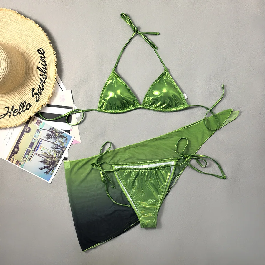 

sexy green glitter metallic halter tie bikinis sets 3pcs with tie dye print mesh cover skirt swimwear swimsuits beach outfits