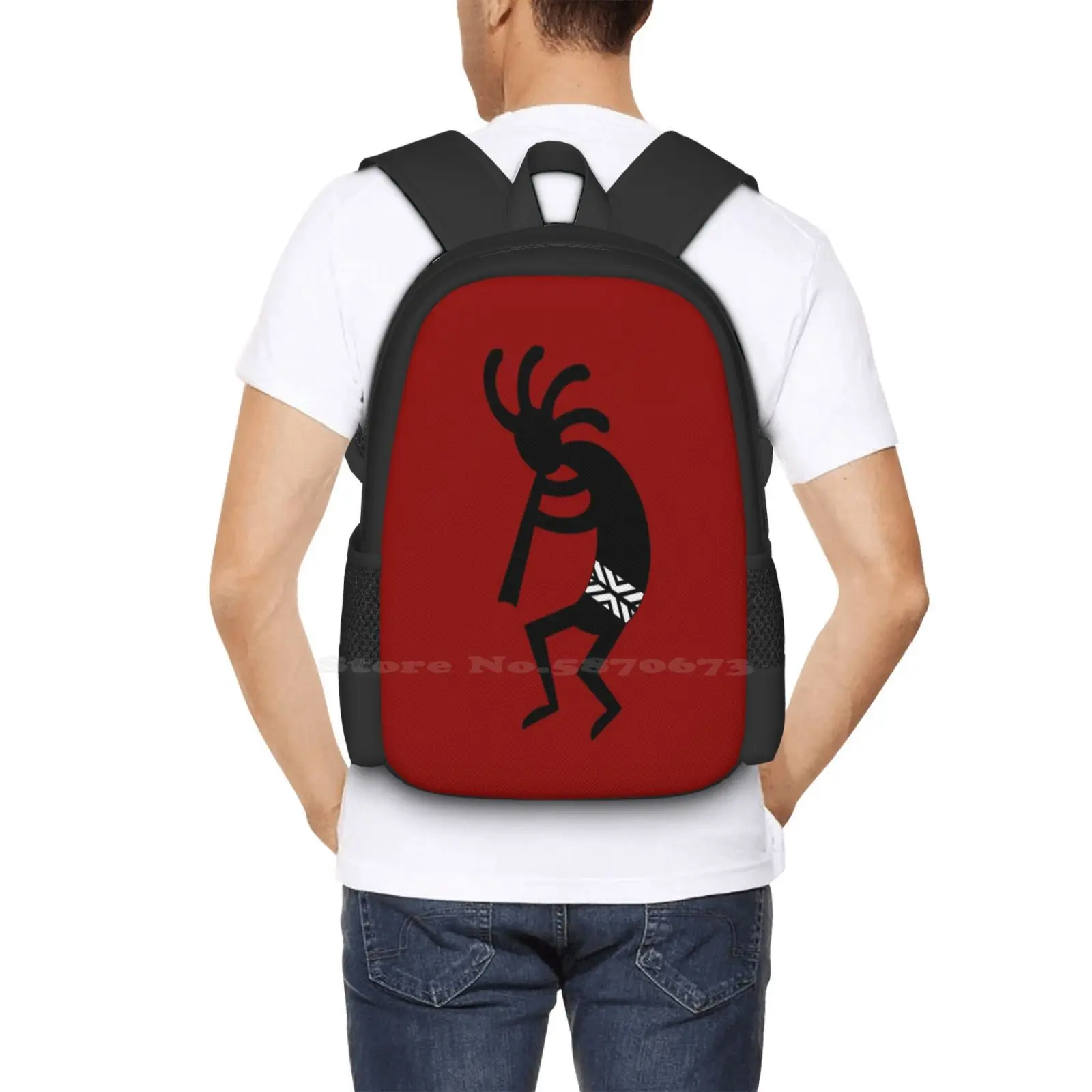 Red And Black Kokopelli Pattern Design Bagpack School Bags Red Black Kokopelli Hopi Flute Player Music Southwestern Southwest