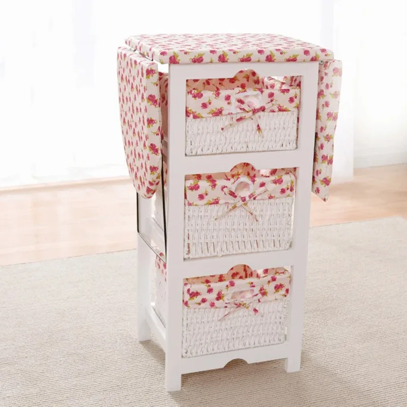 Foldable ironing board/tabletop cabinet wicker drawers