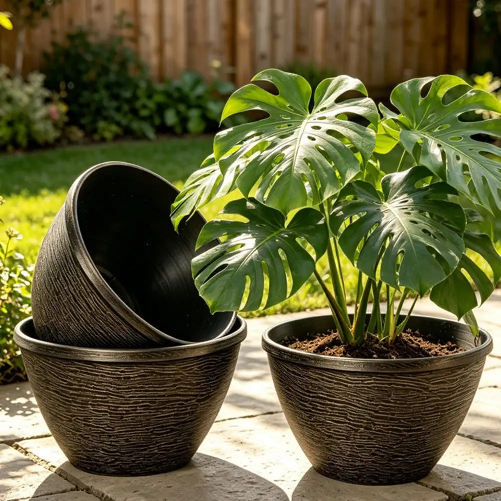 Resin Flowerpot Vintage Resin Flower Planters with Drainage Hole Saucer Lightweight Indoor Outdoor Plant Pots Retro Stone