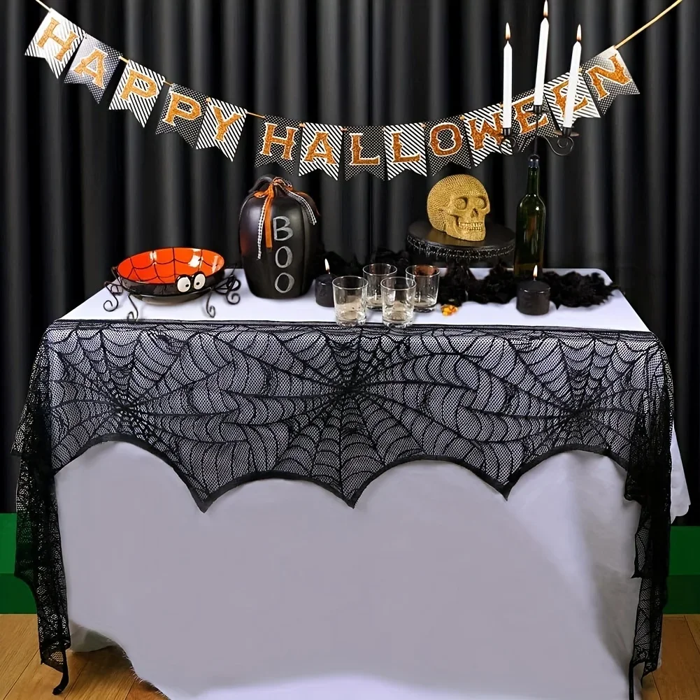Halloween Schwarze Spinnennetz-Tischdecke Spitzen-Tischüberzug Perfekt für Kamin- und Kaminsims-Dekoration – Detail 2