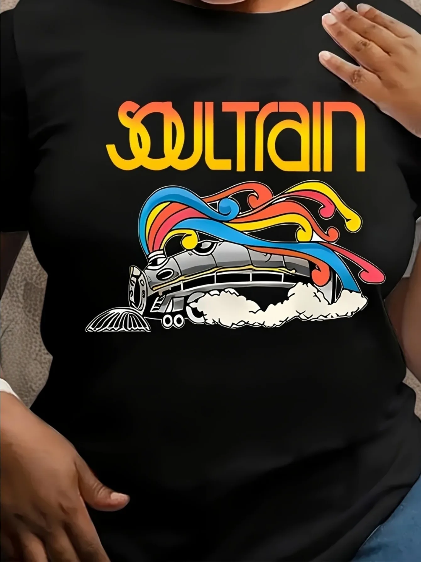 Soul Train pattern T-shirt, 100% pure cotton regular style short-sleeved, retro train and colorful geometric design