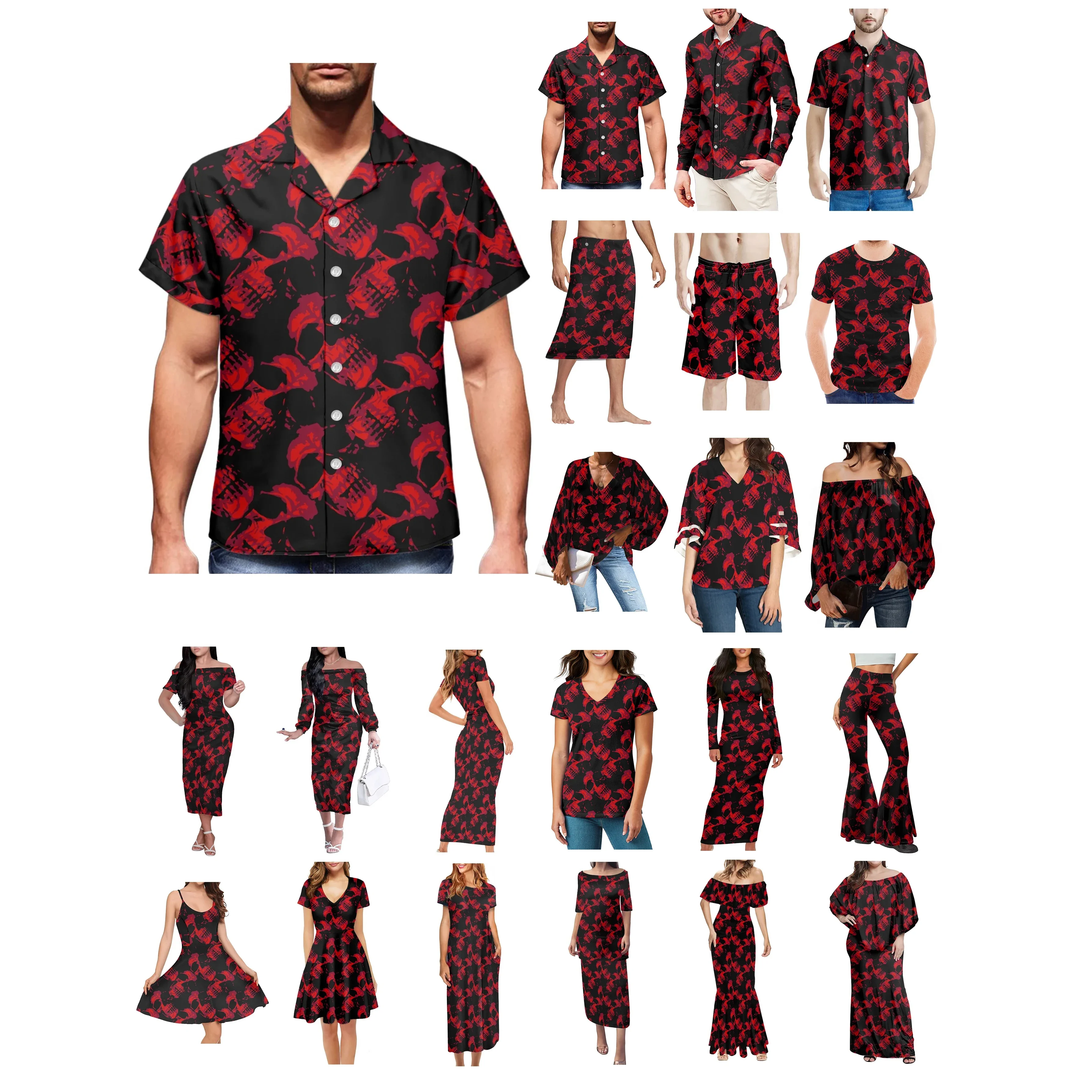 Red Black Skull Halloween Prints Clothes Women Dress Matching Men Shirt Black Spouse Lover Wear Couples Dress Activities Holiday