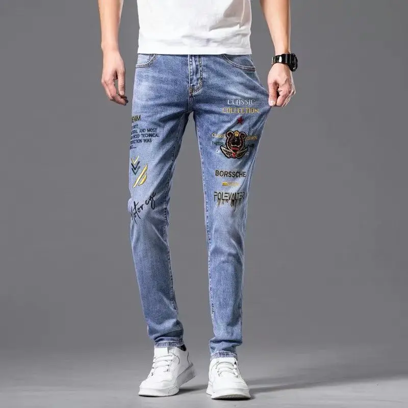 High-end Spring Autumn Blue Jeans Stretch Luxury Embroidery Slim Boyfriend Streetwear Casual Work Cowboy Jeans Man Pants