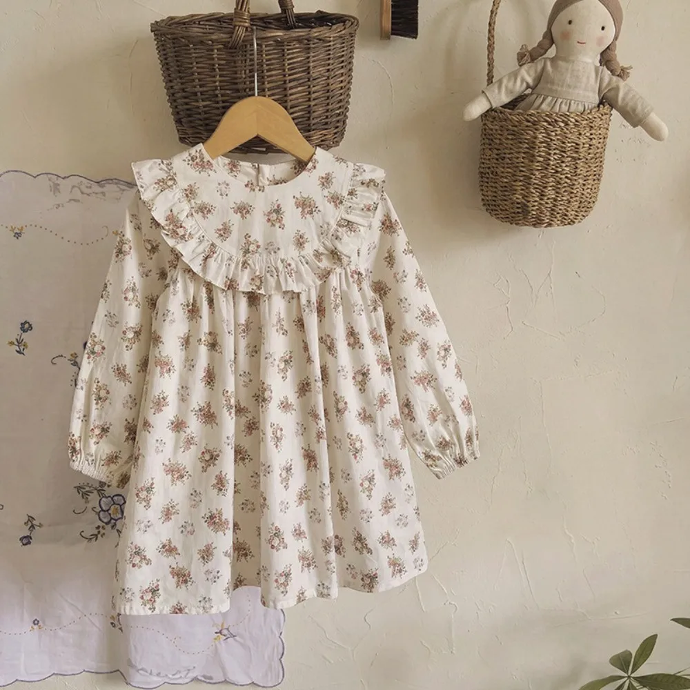 Round Neck Lace Lantern Sleeve Floral Dress for Girls in Daily Wear Autumn New Style for Girls Aged 2-7