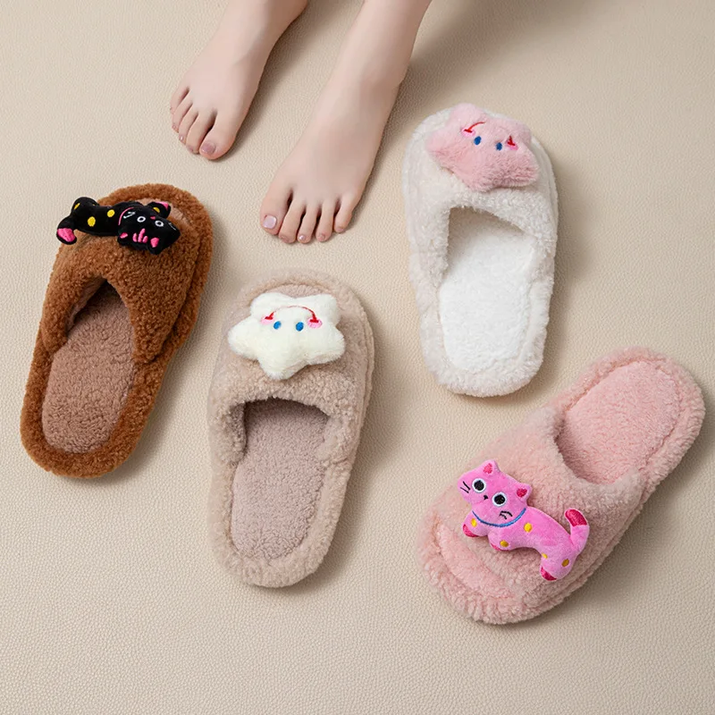 

Women's Star-Print Open-Toe Cotton Slippers Winter Color-Blocking Girls' Plush Slippers