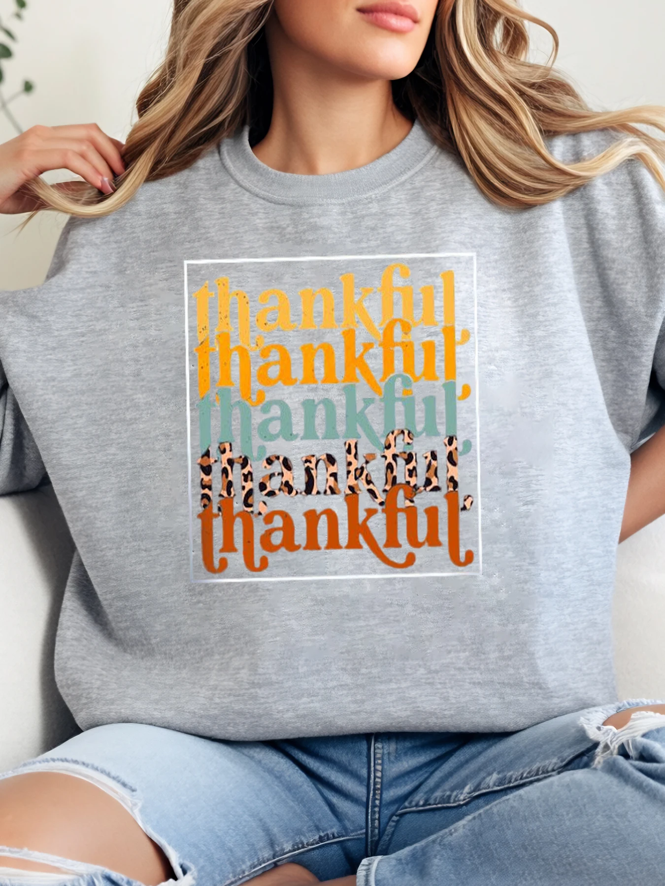 

Толстовка с круглым вырезом и текстовым принтом на День Благодарения, женская повседневная одежда, серая, больших размеров