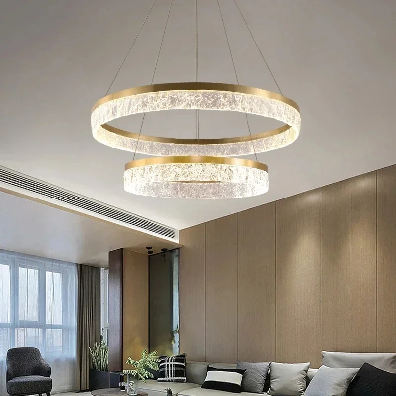 

FKL Nordic Golden Chandelier Ring Resin Texture Lampshade Light Luxury Modern Villa Duplex Living room Dining room Bedroom Lamp