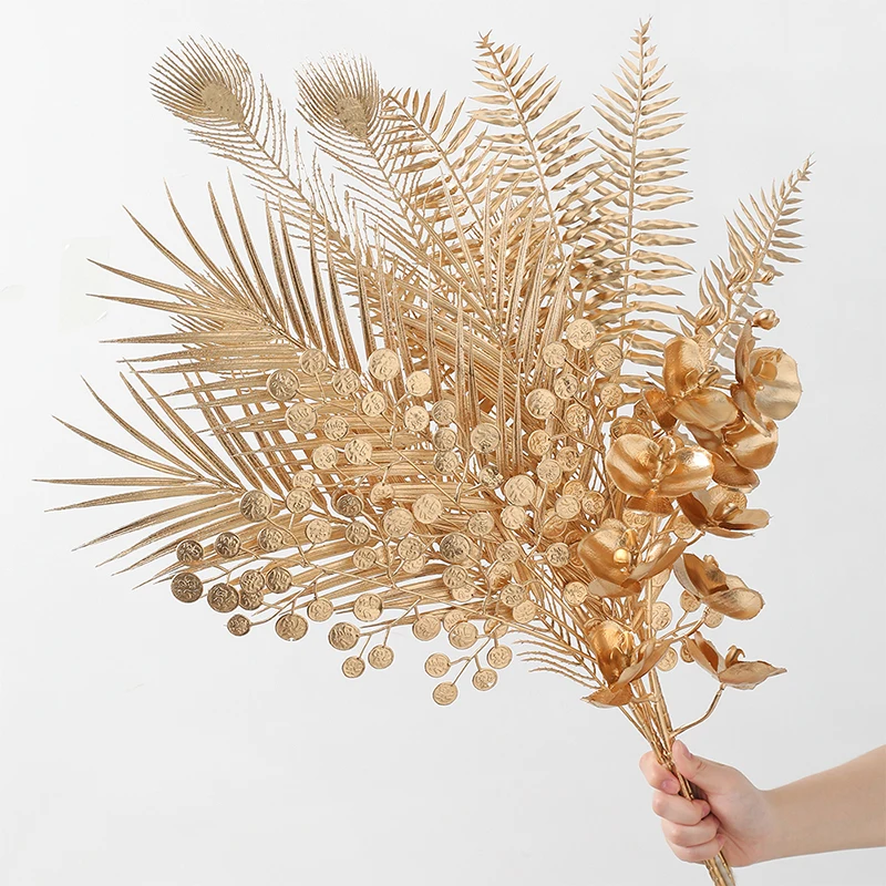 

Golden Eucalyptus Artificial Plants Christmas Wedding Decor Flower Bouquet Glitter Powder Branch Living Room Home Decorations