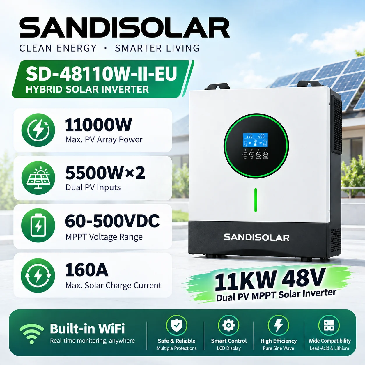 SANDISOLAR 11KW 48V Solarwechselrichter SD-48110W-II-EU 48VDC 160A MPPT Solarwechselrichter Reine Sinuswelle LCD-Anzeige
