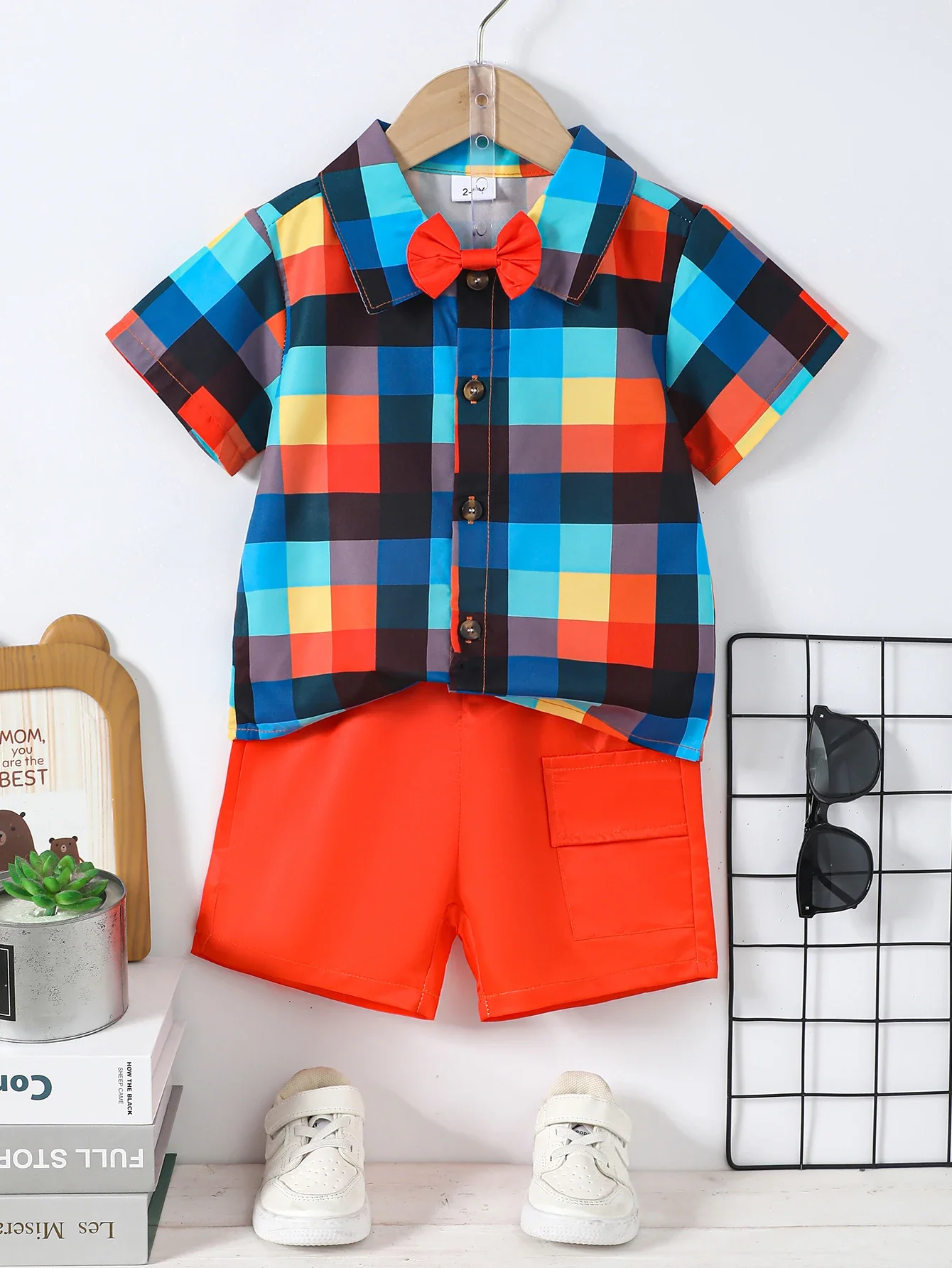 

4-7 Years Summer Kids Boys Gentleman 2PCS Clothes Set Short Sleeve Plaid Shirt with Bowtie+Shorts Birthday Party Wear for Child