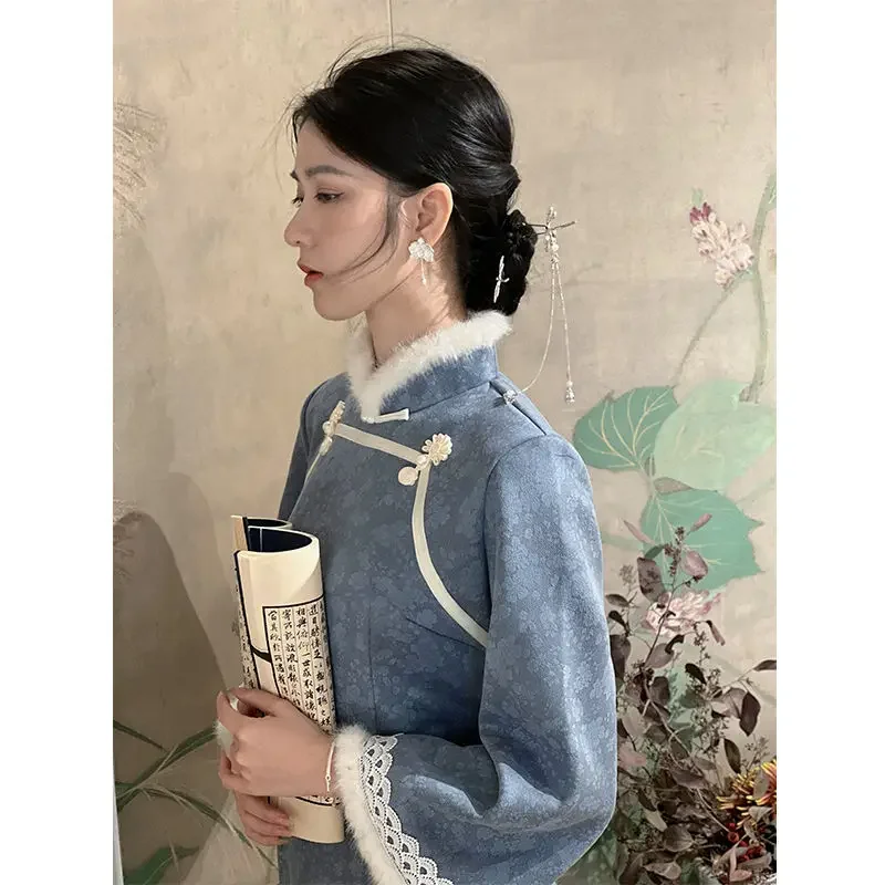 

Blue Cheongsam With Winter Velvet And Thickened New Style, Chinese Style Improved Gentle Chinese Super Fairy Daily Dress