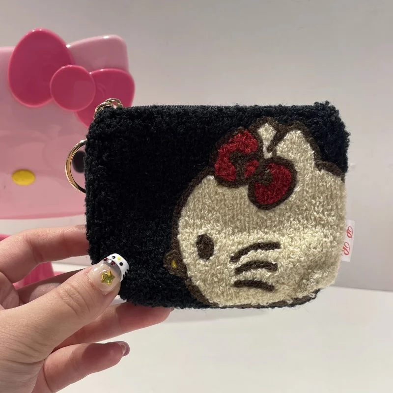 10cm sanrio hello kitty bolsa de armazenamento de moedas de pelúcia dupla camada zíper mochila pendurado chaveiro decoração amigo presente de natal