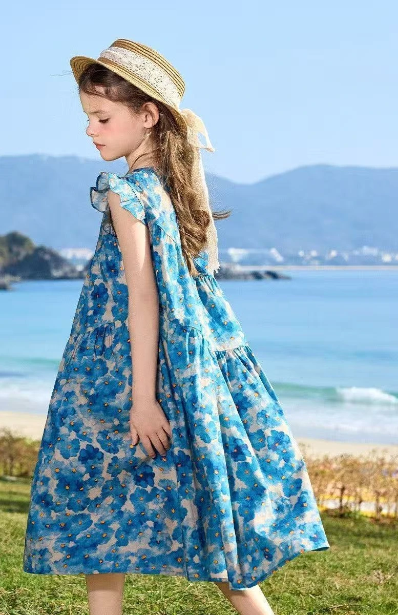 

2026 New Summer Childrens Dress Little Girls Dress Sweet Floral Dress for Teenagers Ruffle Edge Looks Great