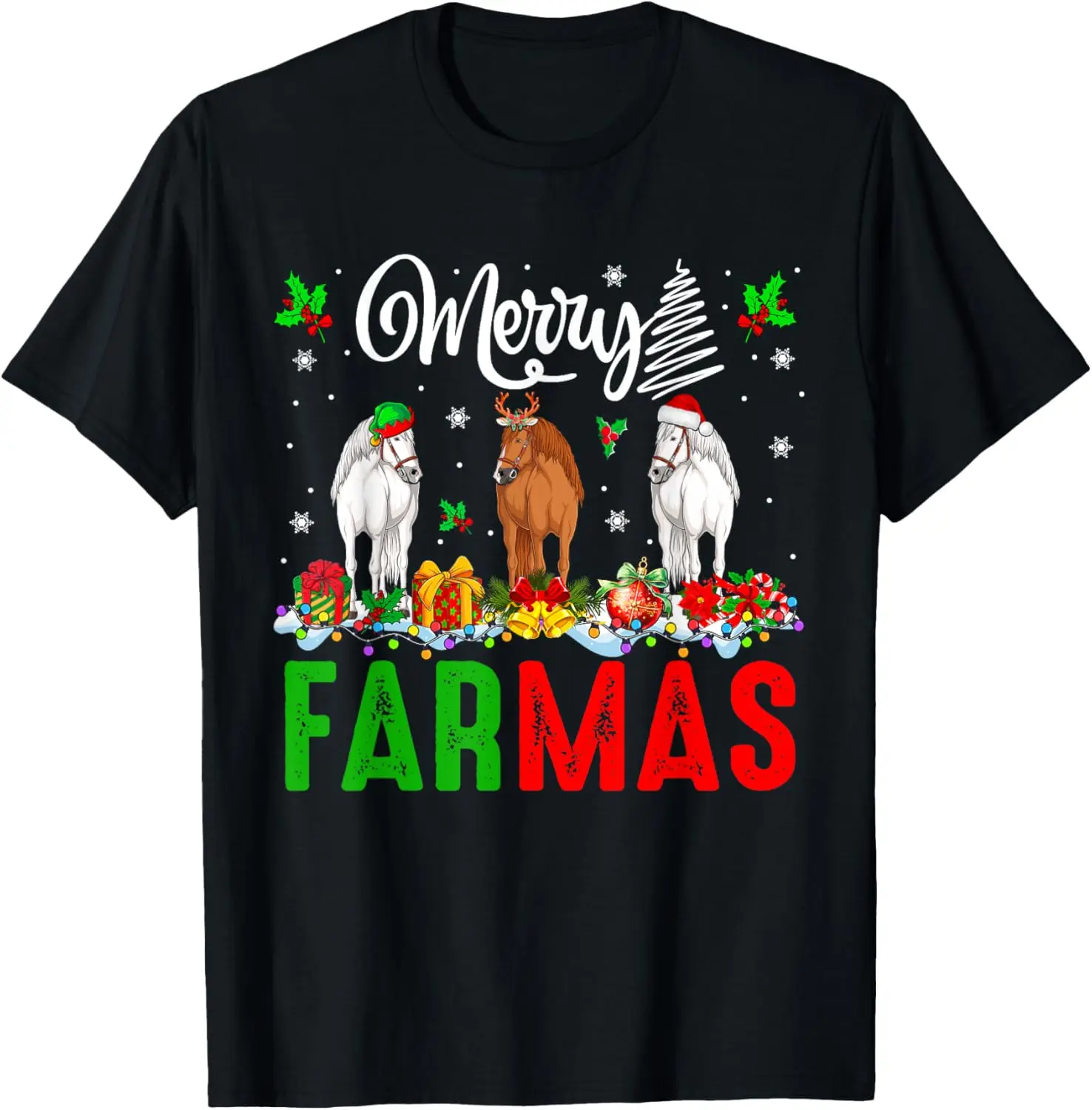 Feliz Navidad Granjero Tres Santa Reno Elfo Caballos Camiseta