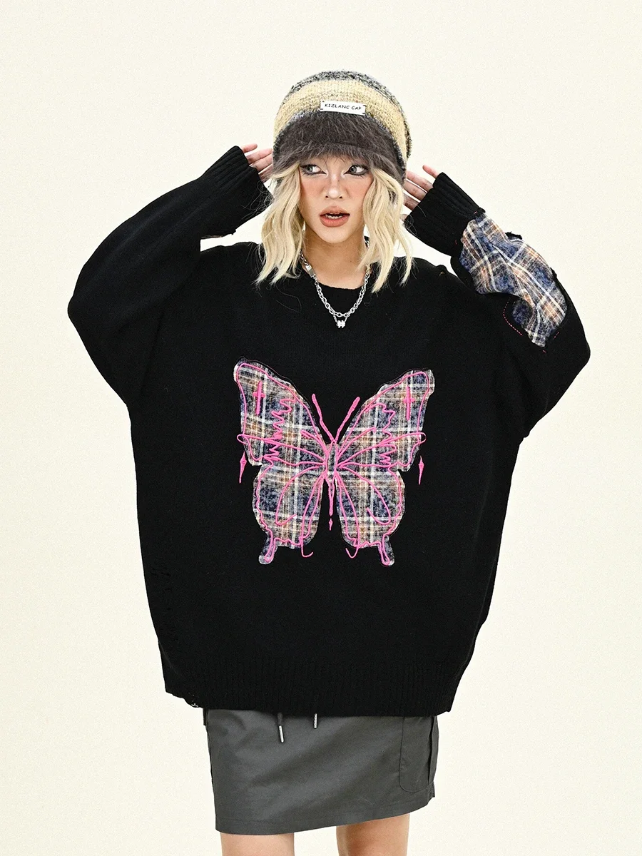 Plaid Butterfly Crew Neck Sweater Women's 2024 Winter New Loose Bf American Lazy Wind Knitted Top image 3