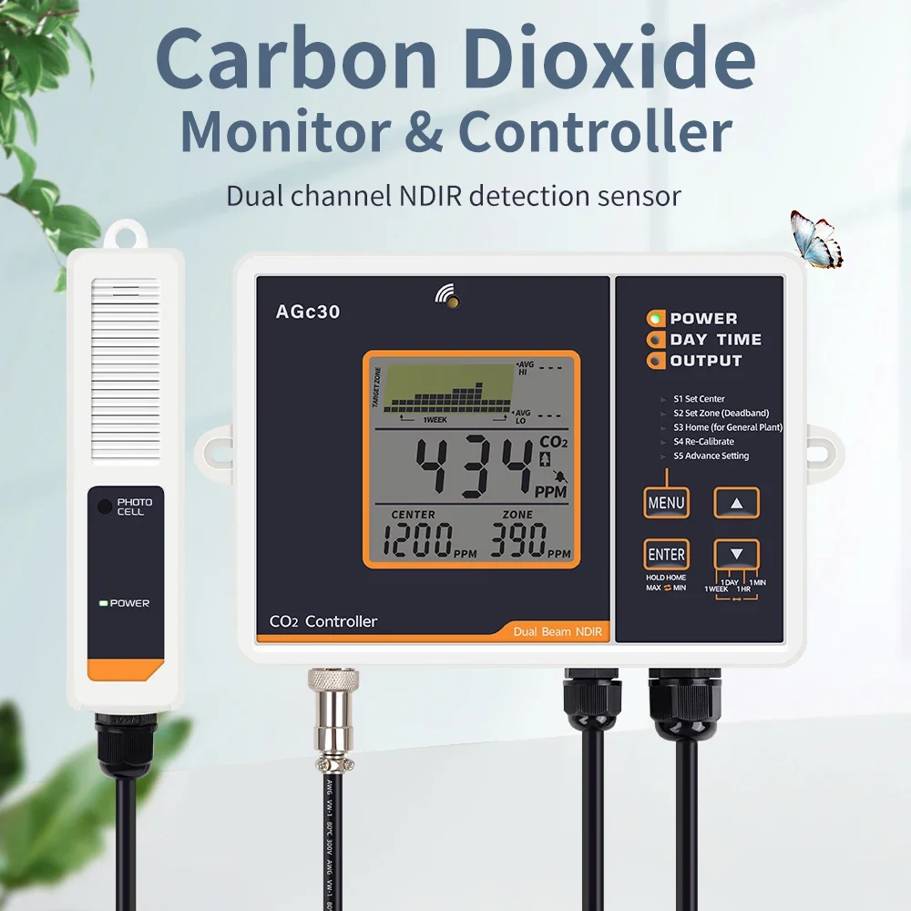 AGc30 inteligentny kontroler CO2 podwójny kanał NDIR CO2 czujnik dzienny nocny detektor dwutlenku węgla 0-5000ppm dla hydroponiki szklarniowej