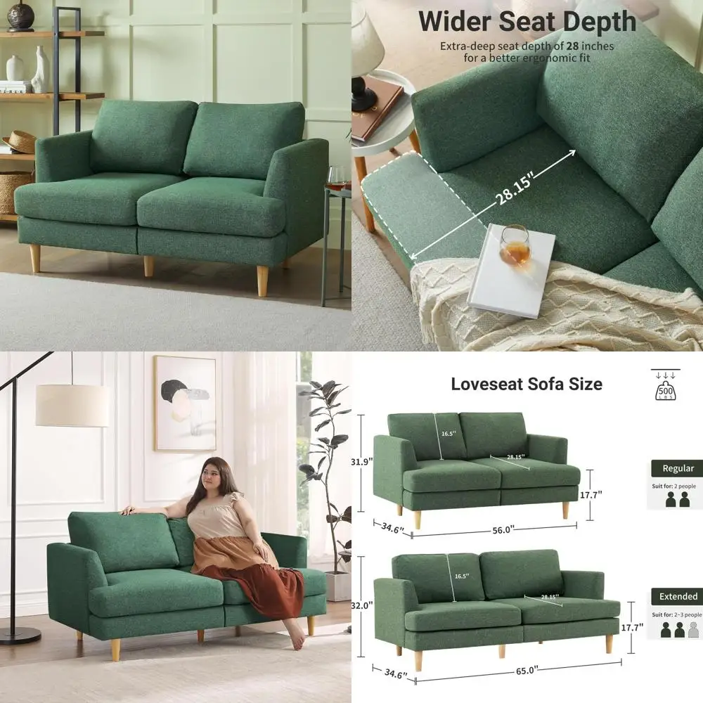 Sofá compacto verde de 2 plazas para espacios pequeños, sofá tapizado de estilo moderno de mediados de siglo