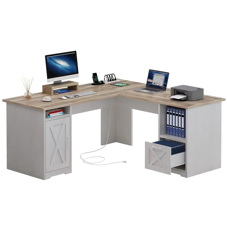 L Shaped Desk with Power Outlets, 60 Inch Computer Desk Corner Desk with File Drawer, Home Office Desk with Monitor Stand amp St