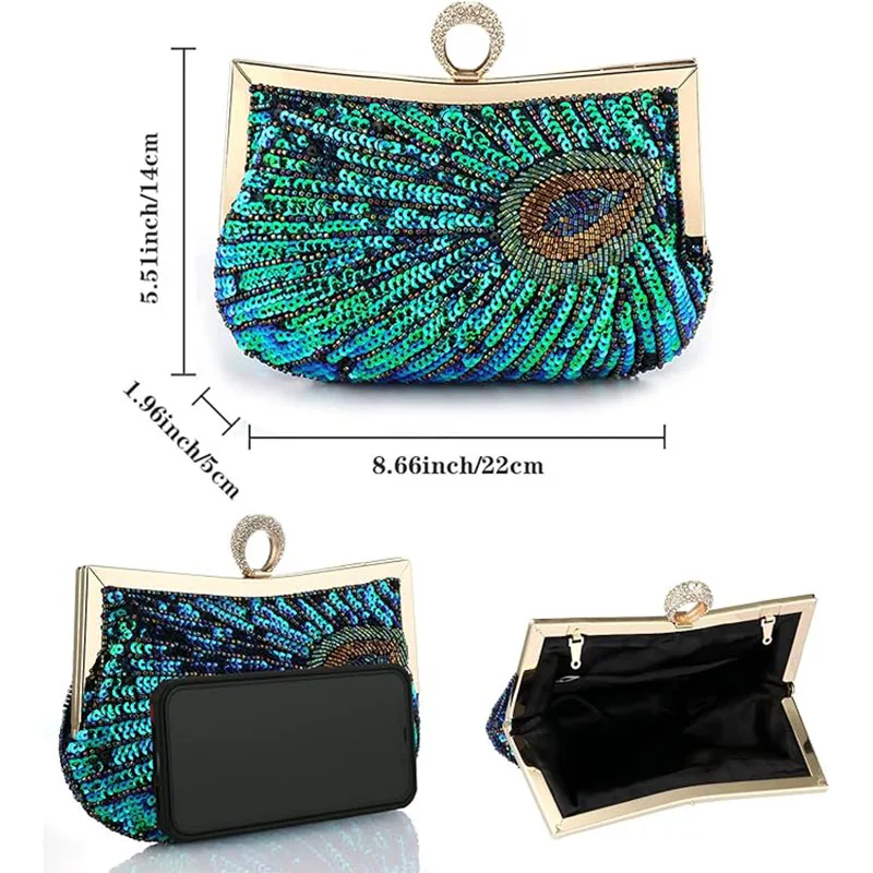 Sequined Evening Clutch Bags With Chain Handbags Sling Shoulder Bag Women Embroidered Beads Peacock Feather Glitter Clutch Purse