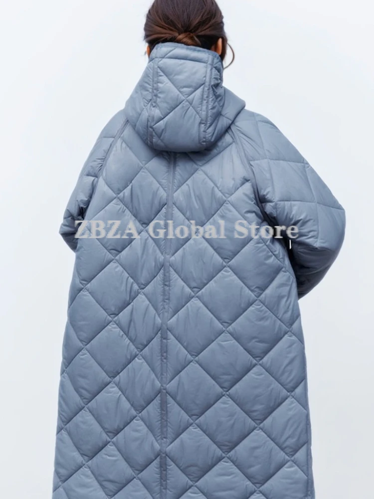 ZBZA Women Diamond Pattern Medium Length Hooded Jacket Long Sleeves Single Breasted Pocket Oversize Overcoat Winter Female Coat