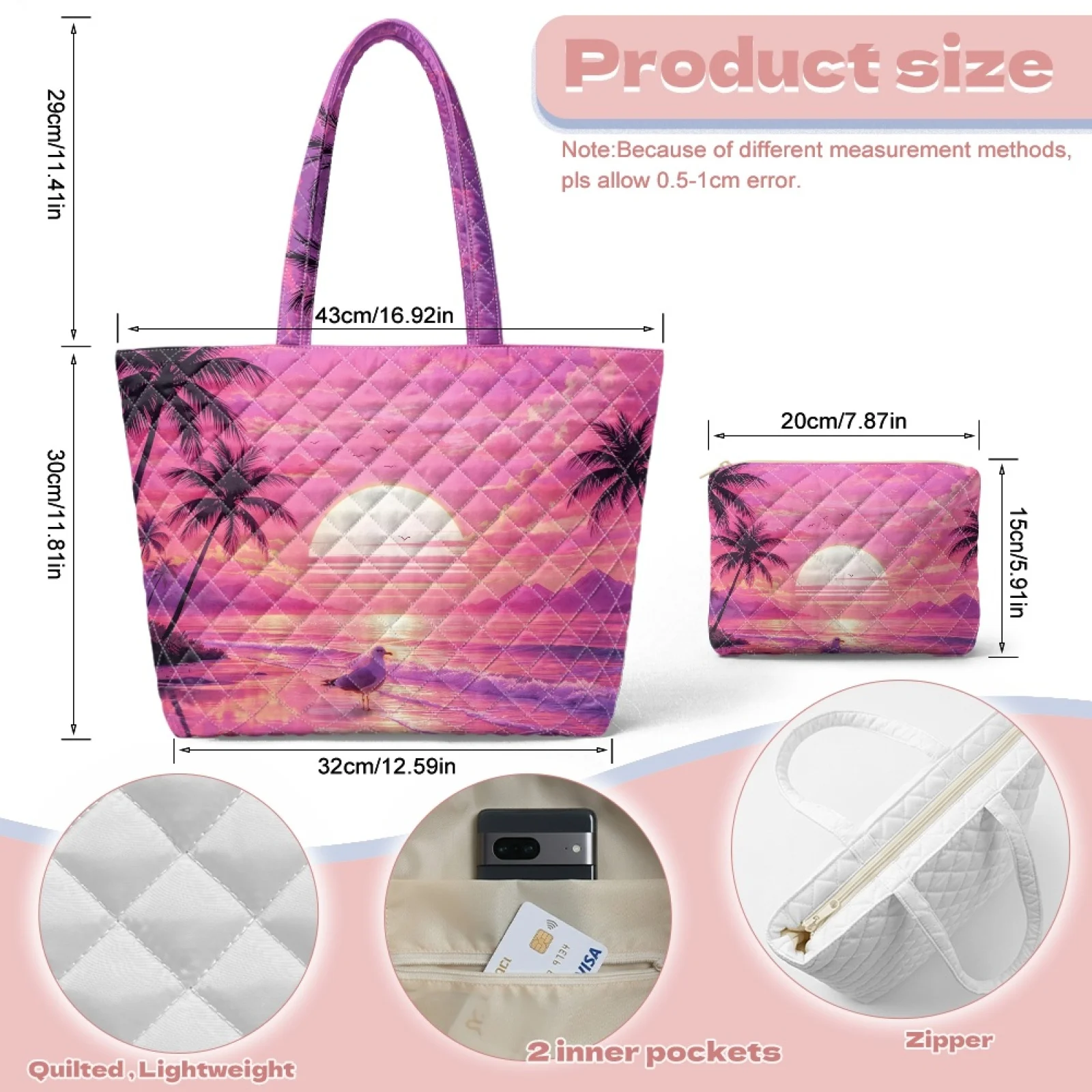 Coloranimal Starfish Seashell Set 2 Piece Quilted Shoulder Bag Inner Pockets Tote Bag with Matching Cosmetic Bag for Activities