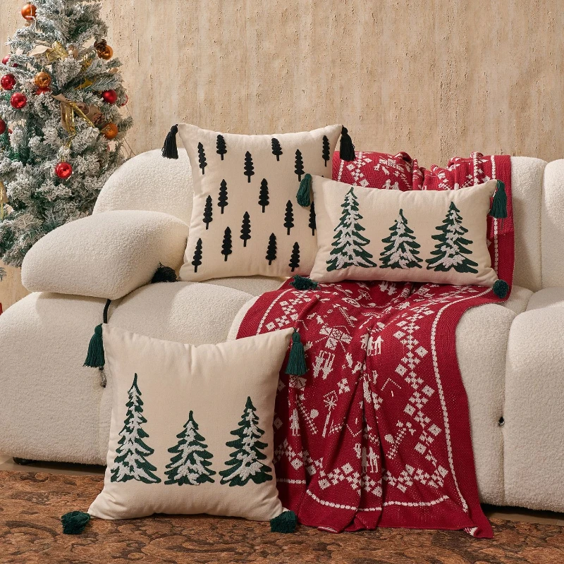 

2025 Christmas Tree Embroidered Cushion Cover Bohemian Linen-cotton Canvas Pillowcase Holiday Home Decor Fringed Pillowcase Sofa