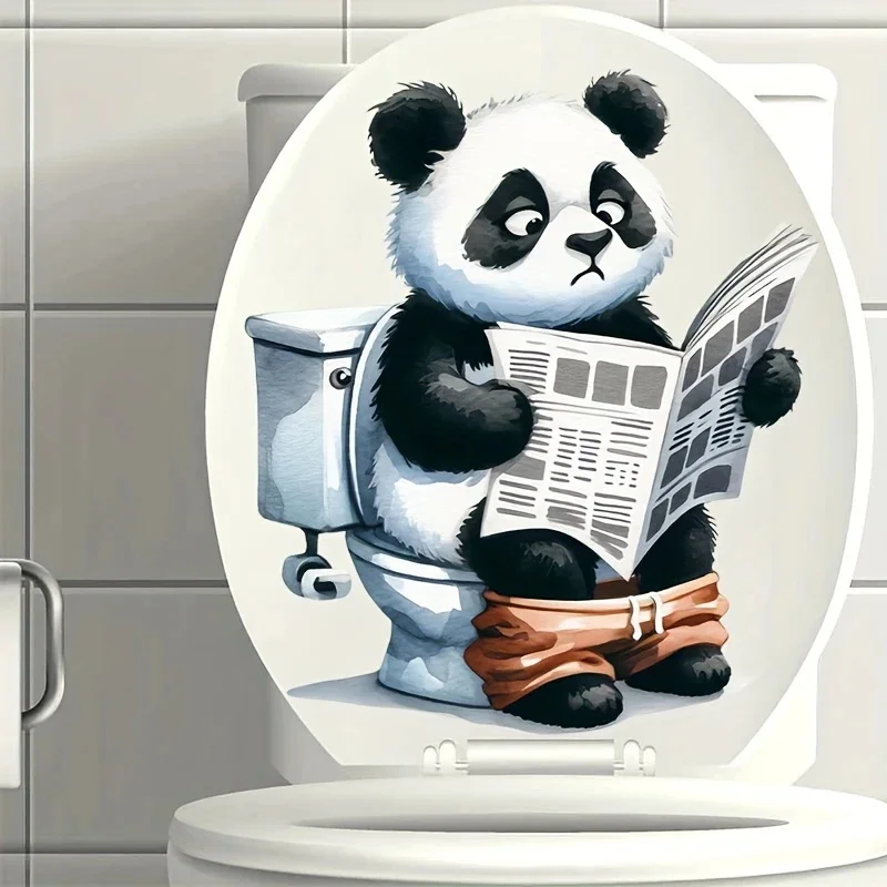 

MT1311# Cute Panda Reading Newspaper Toilet Lid Decal - Animal Print Self-Adhesive Bathroom Sticker, Waterproof Square Ceramic