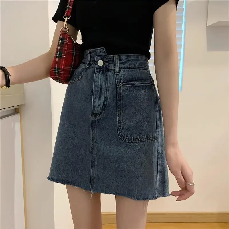 With Pocket Sexy Cute Chubby High Waist Short Coquette Mini Kawaii Woman Denim Skirt Jeans Skirts for Women Blue Modest Stylish