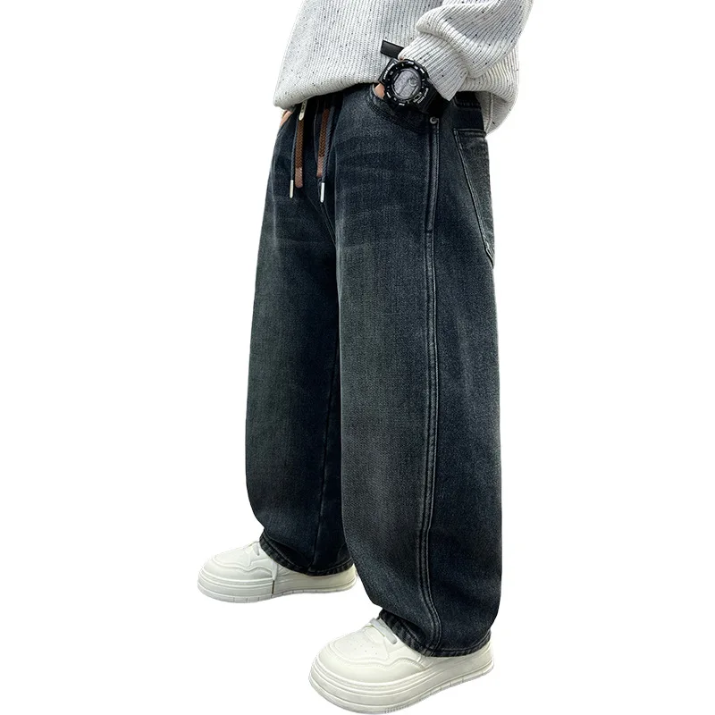 Teen Boys Washed Denim Pants Fleece Lined Letter Embroidery Big Pocket Loose Wide Leg Jeans Thick Warm Hip Hop Streetwear 4-14Y