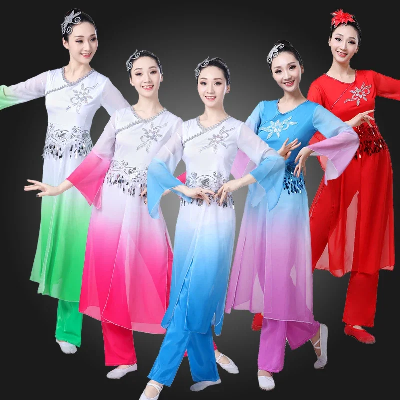 Tinta gradiente feminino Mangas d'água Trajes, roupas de dança clássica tradicional chinesa, mangas compridas, Hanfu Trajes de dança antiga