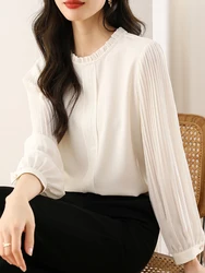 New Fashion Women Clothing Chic Folds Puff Sleeves White Blouses Elegant Ruffles Collar Chiffon Shirt Office Ladies Tops Chemise