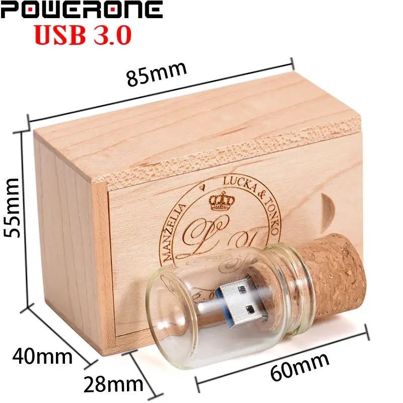 POWERONE Drift Bottle Cork+Wooden Box USB 3.0 Flash Drives 64GB Free Logo Pendrive 32GB Wish Bottle Memory Stick 16GB U Disk 8GB