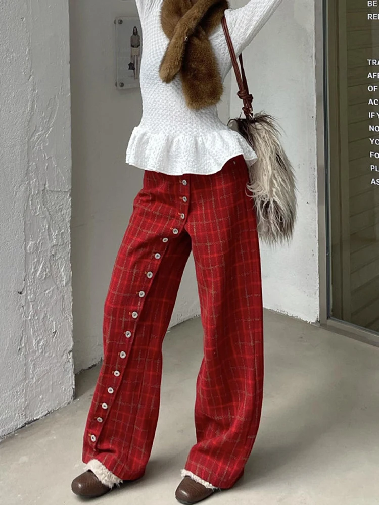 アメリカンスタイルのレトロシックなチェック柄非対称ボタン付きポケット多用途ジーンズ秋冬新女性カジュアルストレートパンツ