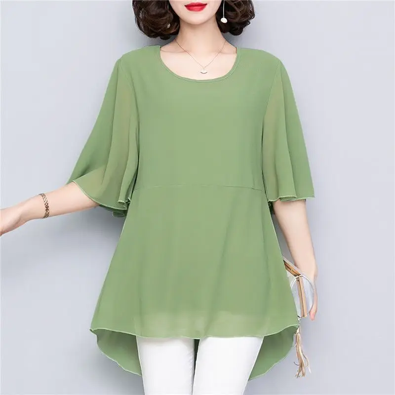 Basic Solid Color Pullovers Half Sleeve Loose Summer Stylish Irregular Korean Women\'s Clothing Commute Round Neck Casual T-shirt