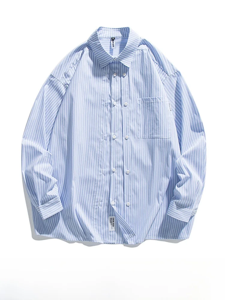Spring Autumn Blue White Stripes Men's Long Sleeve Shirt Loose Fit Cityboy Design GPstudio Japanese Style Fake Two-Piece