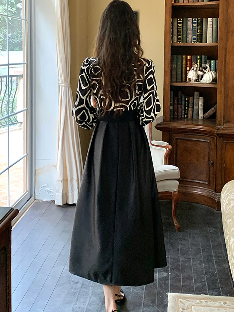 春黒サテンパッチワークプリントシックなドレス女性エレガントなボディコン包帯ロングドレス 2025 韓国ヴィンテージヘップバーンフェスティバルローブ