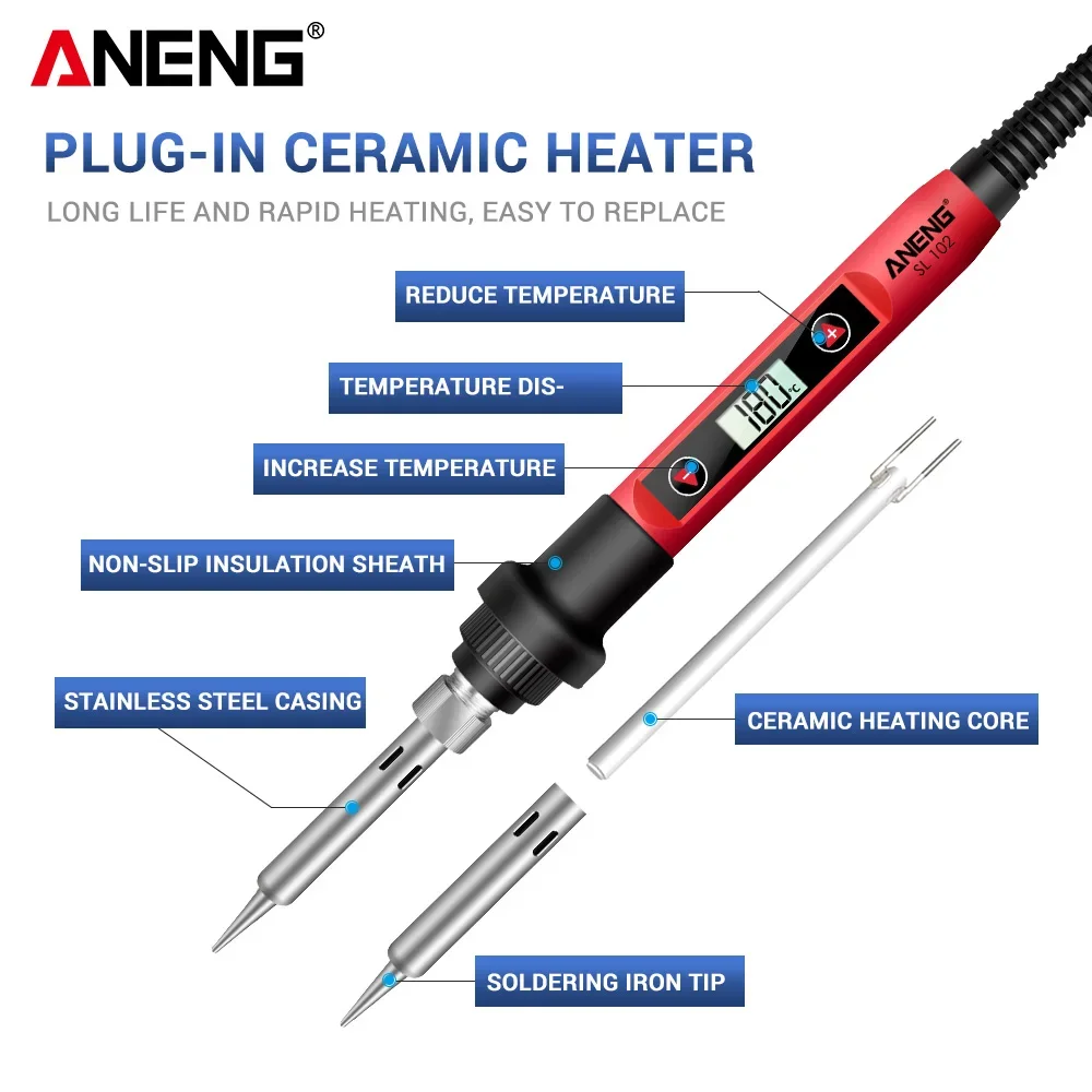 ANENG SL102 60W Digital Electric Soldering Iron Temperature Adjustable 220V 110V Welding Tool Ceramic Heater Soldering Tips