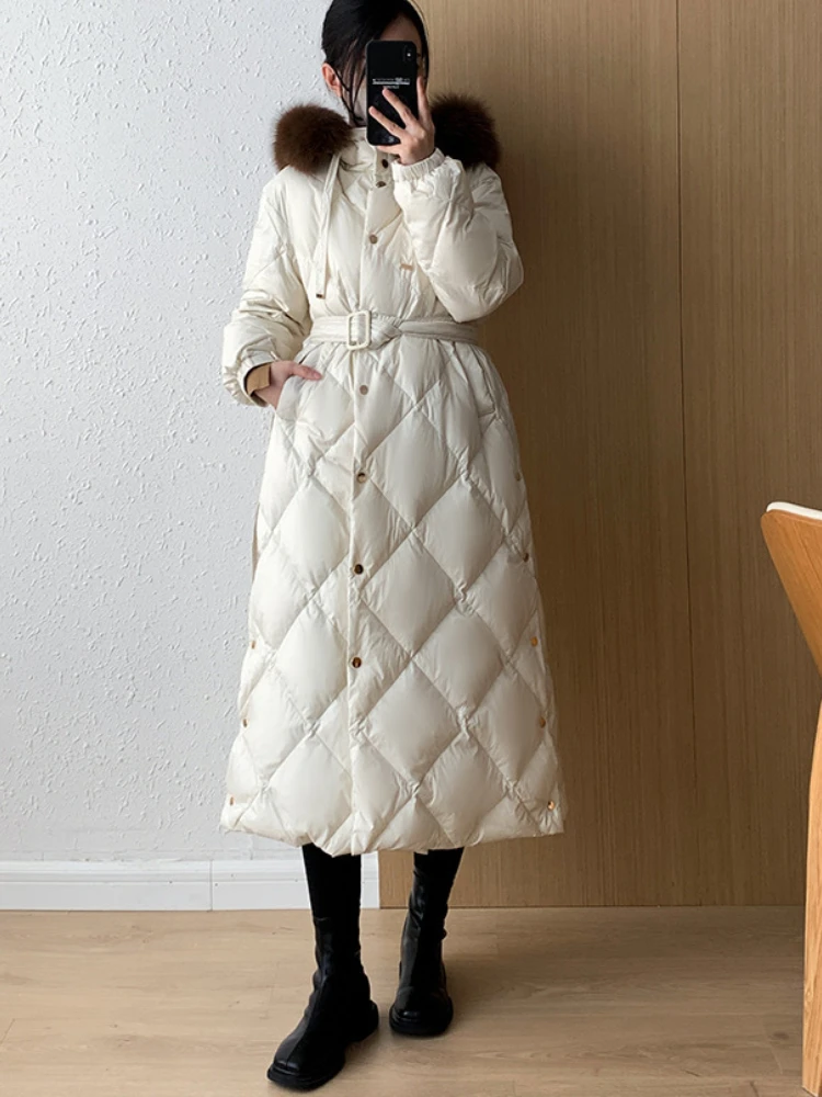 Women\'s Real Fox Fur Collar Hooded Winter Jacket 90White Duck Down Thick Warm Long Down Lace-up Waist Woman\'s Quilted Jacket