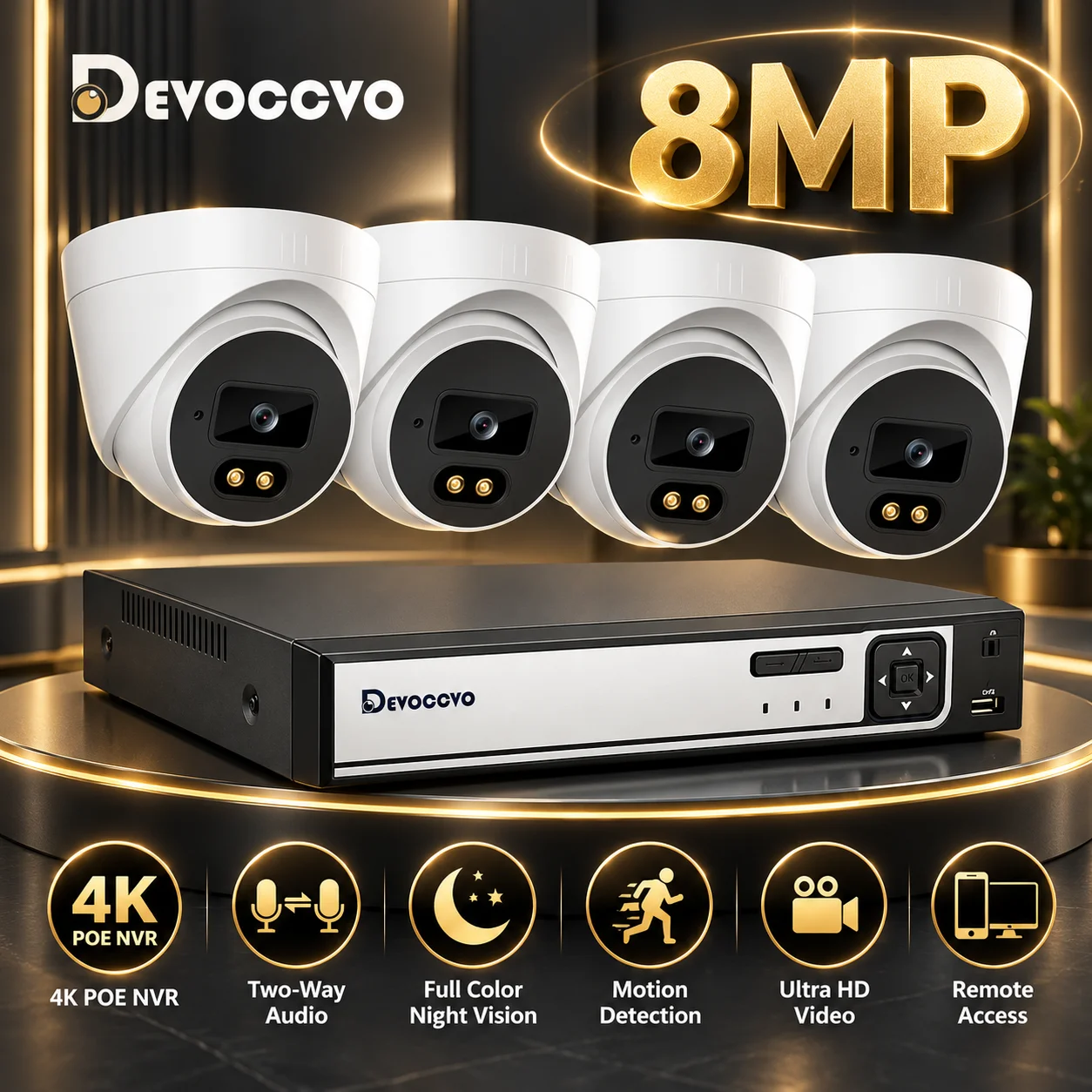 4K POE CCTV Security Camera Kit 4CH Dome Indoor Cameras Color Night Vision IP Video Surveillance with 10CH NVR and 2 Way Audio