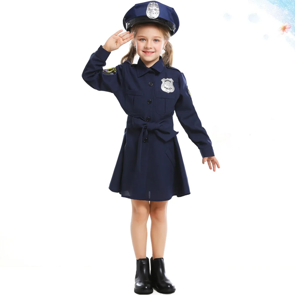 Kids Clothes Role Play Costume Halloween Police Girls Uniform Conjoined Navy Long Sleeve Skirt Child