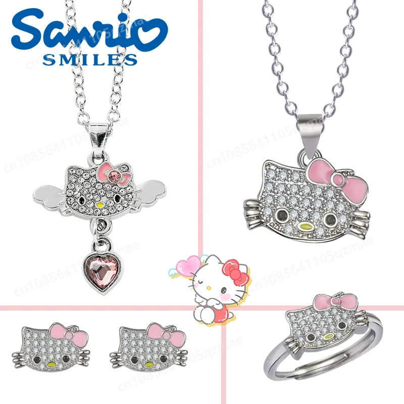 

3 Pcs/set Sanrio Hello Kitty Necklace Earings Rings Set Anime Figure KT Cat Pendants Accessories Jewelry Fashion for Girls Gifts